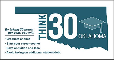 SE's web banner: Think 30 Oklahoma. By taking 30 hours per year, you will graduate on time, start your career sooner, save on tuition and fees and avoid taking on additional student debt.
